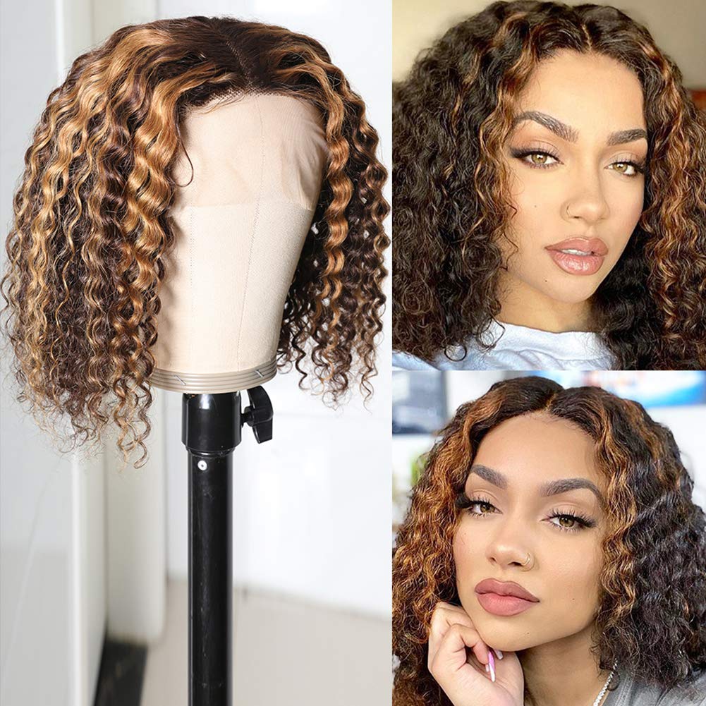 Deep Curly Bob Wig 4/27 Ombre Honey Blonde Piano Highlights Color Wig Bouncy Curly T Part Human Hair Wigs