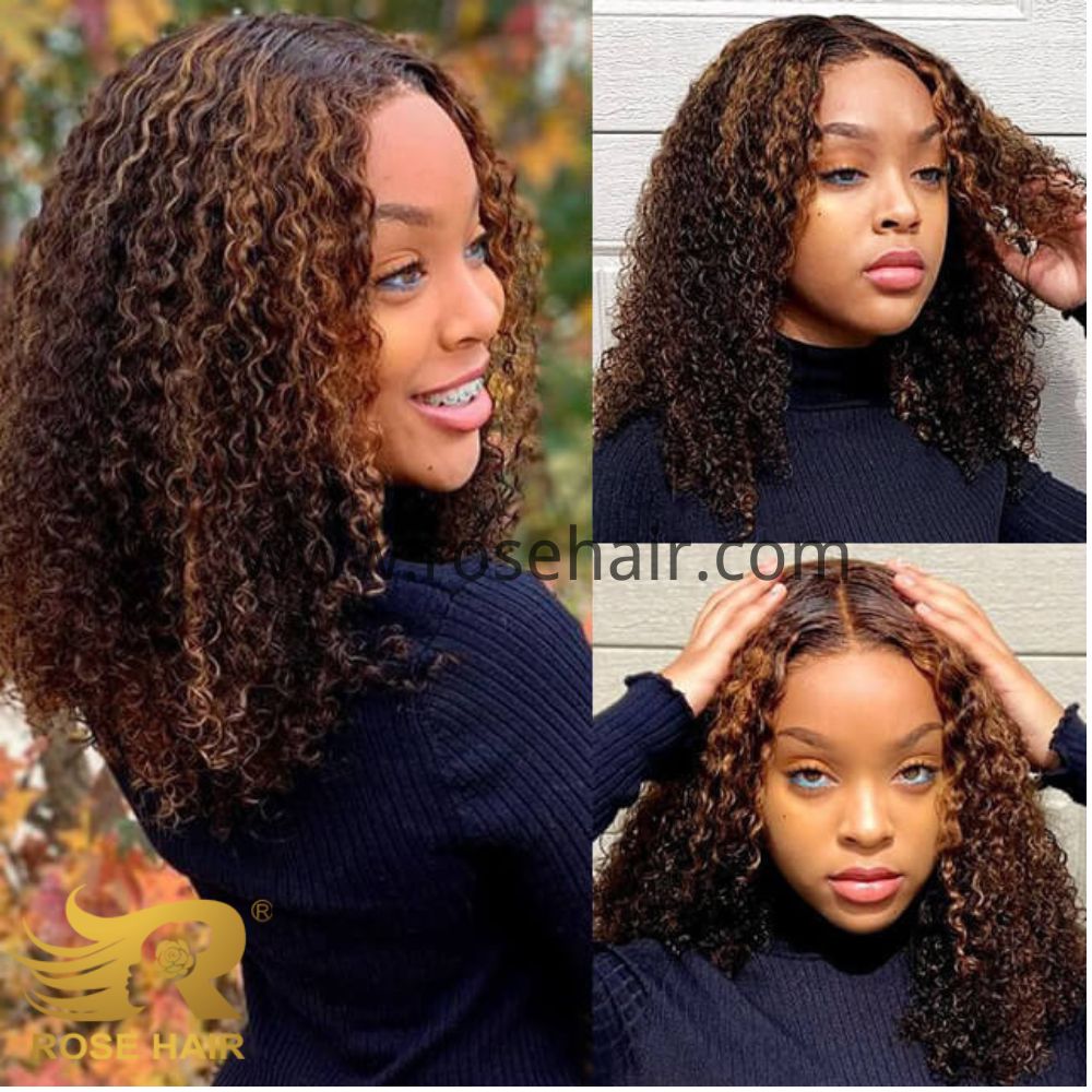 Deep Curly Bob Wig 4/27 Ombre Honey Blonde Piano Highlights Color Wig Bouncy Curly T Part Human Hair Wigs