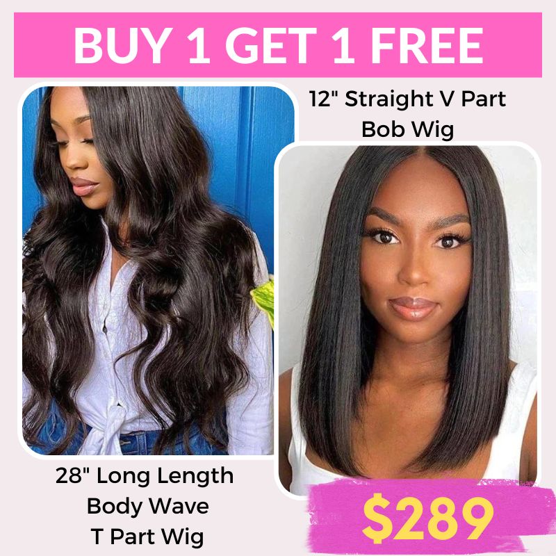 [Buy 1 Get 1 Free] Rose Hair 26&quot;/28&quot; Body Wave Long Length T Part Wig+V Part Bob Straight Wig 180% Density