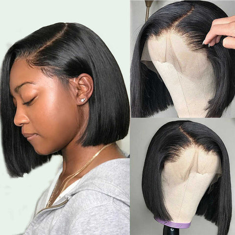 RoseHair 100% Human  Hair 13x4 Lace Frontal Silky Bob Wig Blunt Cut Natural Color All Texture - Rose Hair
