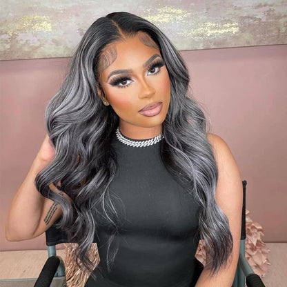 Rose Hair Gray Highlight Color 13x4 HD Lace Front Wig Body Wave Human Hair