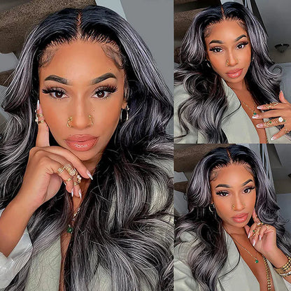 Rose Hair Gray Highlight Color 13x4 HD Lace Front Wig Body Wave Human Hair