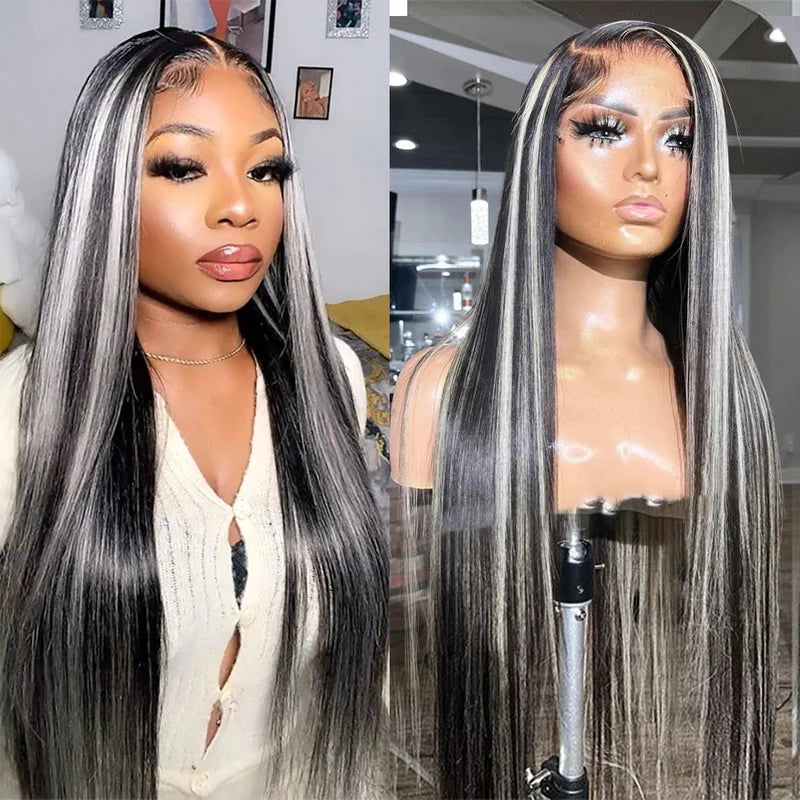 Rose Hair Gray Highlight Color 13x4 HD Lace Front Wig Straight Human Hair