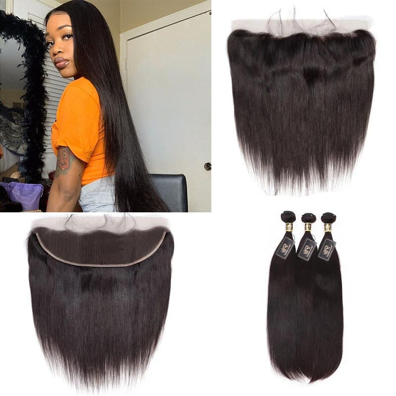 10A Grade Straight Pre Plucked 13x4 Ear to Ear Lace Frontal with 3 Bundles Brazilian Virgin Hair - Rose Hair