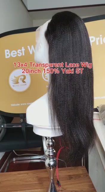 Rose Hair 13x4 HD Lace Frontal Yaki Straight Human Hair Wigs Natural Black Free Part Wig
