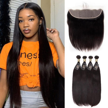 10A Grade Brazilian 4 Bundles Straight Human Virgin Hair With 13x4 Lace Frontal Pre Plucked - Rose Hair