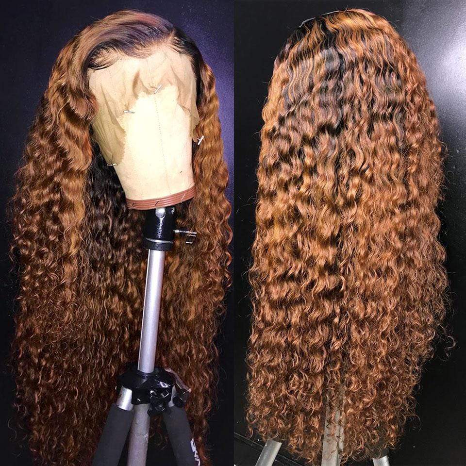 Rose Hair 200%Density Black Roots Ombre Honey Brown Romantic Wave Lace Frontal Lace Wig - Rose Hair