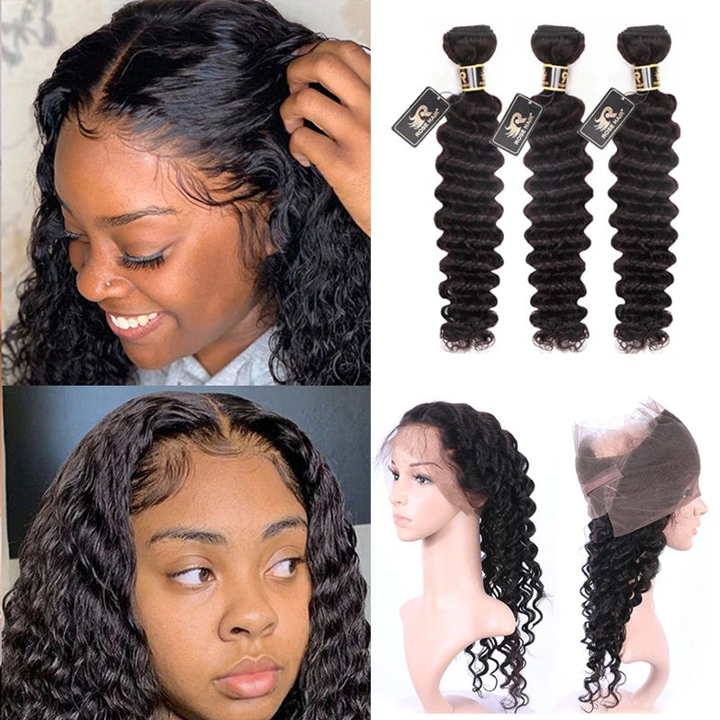 10A Grade 3 Bundles Brazilian Deep Wave Virgin Hair With 1 PCS Per Plucked 360 Lace Frontal - Rose Hair