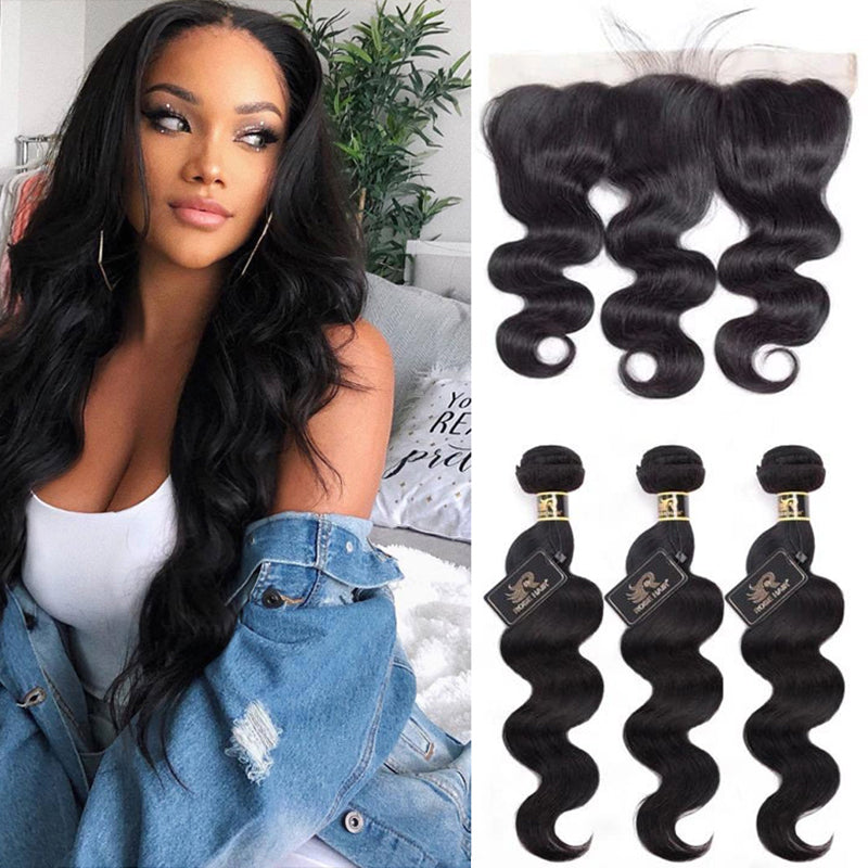 10A Grade Body Wave Pre Plucked 13x4 Ear to Ear Lace Frontal with 3 Bundles Best Brazilian Virgin Hair - Rose Hair