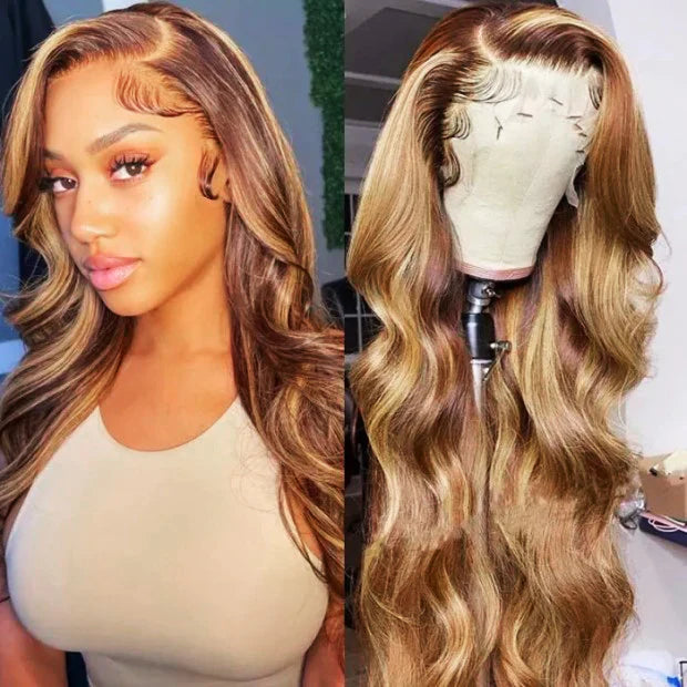 13x4 HD Lace Front Body Wave Wig Honey Blonde Piano Highlights Human Hair Wigs Free Part