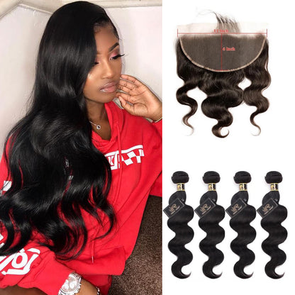 10A Grade Pre Plucked 13x6 Lace Frontal With 4 Bundles Best Brazilian Human Virgin Hair Body Wave - Rose Hair