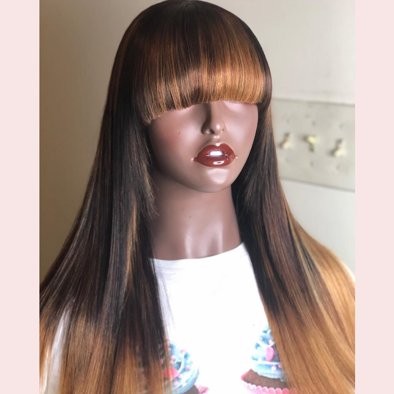 Super Fashion Colorful 13*4 Lace Frontal Straight Human Hair Wigs With Bangs The Same As The Hairstyle In The Picture - Rose Hair