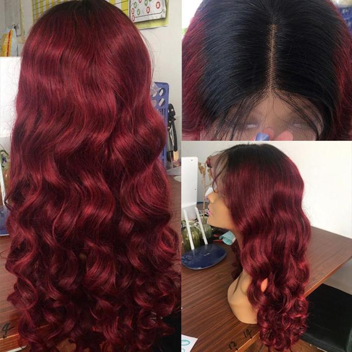 Rose Hair Black Roots Ombre Warm Burgundy Loose Wave Lace Frontal Wig - Rose Hair