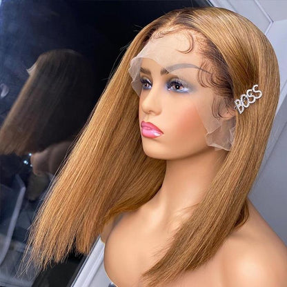 Rose Hair Black Roots Ombre Light Honey Brown Straight Bob Lace Frontal Wig - Rose Hair
