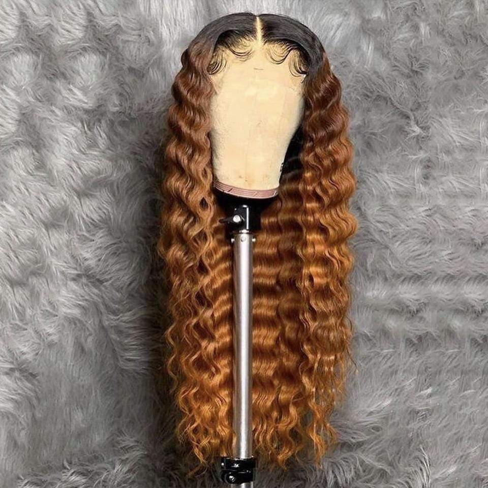 Rose Hair 200%Density Dark Roots Ombre Honey Brown Full-bodied Deep Wave Curly Lace Wigs - Rose Hair