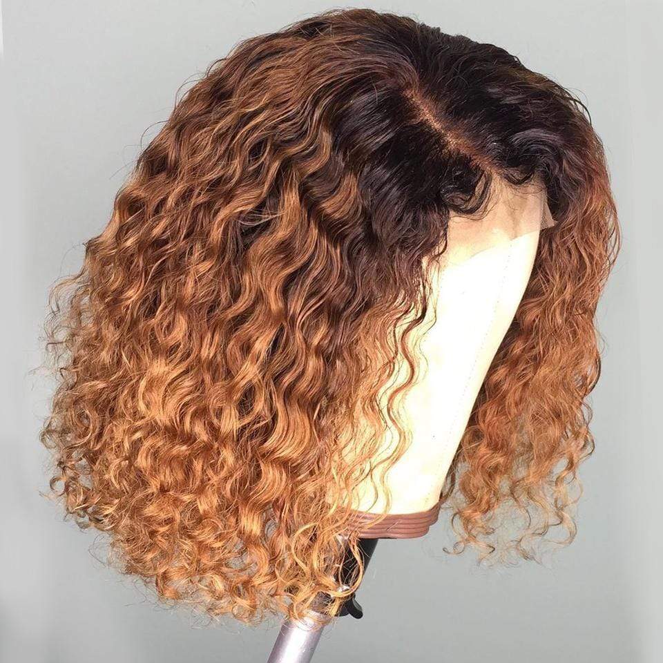 Rose Hair Recommend! Black Roots Honey Brown Ombre Wet Wave Bob Lace Frontal Wig - Rose Hair