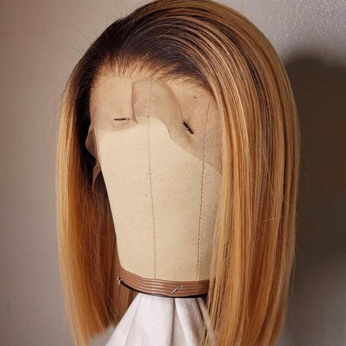 Rose Hair Black Roots Ombre Honey Brown Graceful Silky Straight Bob Lace Frontal Wig - Rose Hair