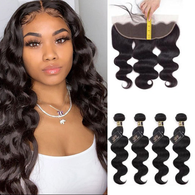 10A Grade Body Wave Pre Plucked 13x4 Ear to Ear Lace Frontal with 3 Bundles Brazilian Virgin Hair - Rose Hair