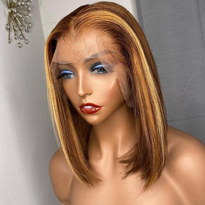 Rose Hair Elegant and Fashionable Honey Brown Piano Highlights Straight Bob Lace Frontal Wig - Rose Hair