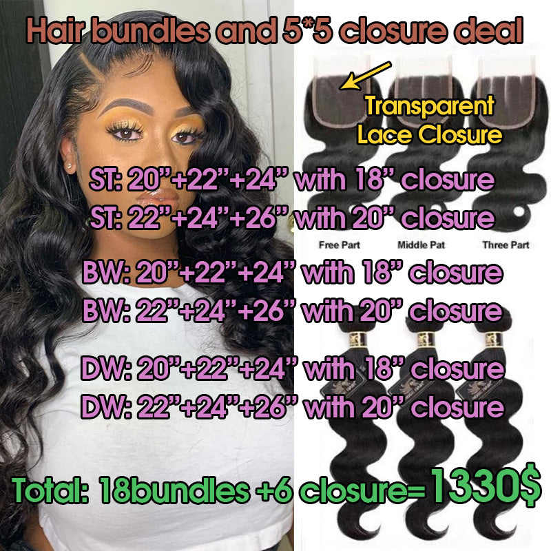 10A Grade Hair Bundles with 5*5 Lace Closure Package Deal - Rose Hair