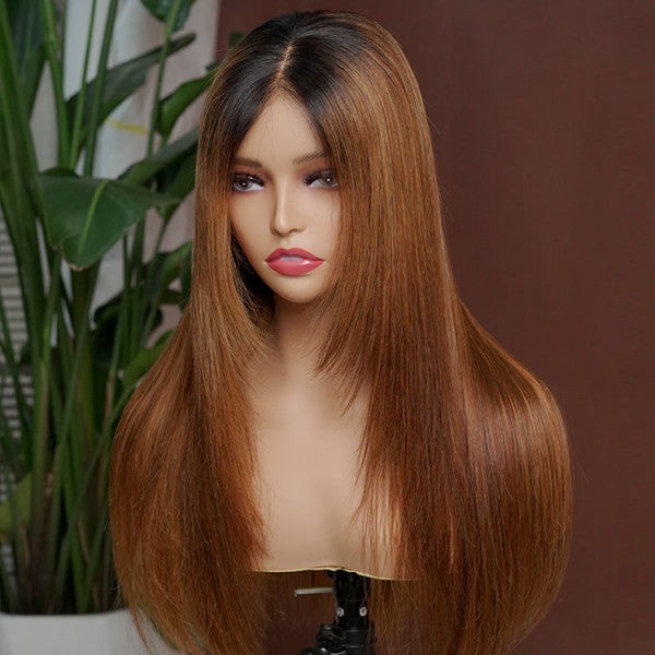 Rose Hair Ombre Hair 1B/28 Brown With Dark Roots Straight Layered Hair Lace Wigs