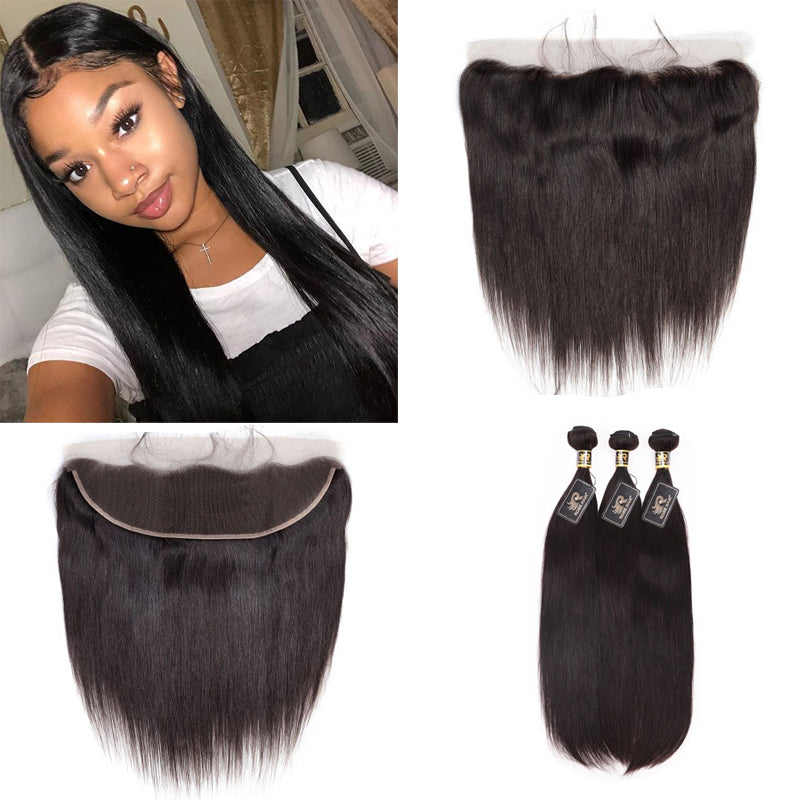10A Grade Straight Pre Plucked 13x4 Ear to Ear Lace Frontal with 3 Bundles Best Brazilian Virgin Hair - Rose Hair