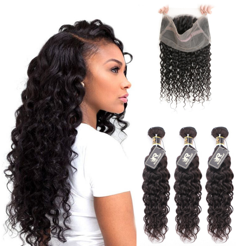 10A Grade 3 Bundles Brazilian Virgin Hair With 1 PCS Per Plucked 360 Lace Frontal Water Wave - Rose Hair