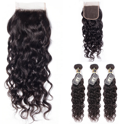 10A Grade 3 Bundles Brazilian Water Wave Virgin Hair with 1 PCS Per Plucked 4*4 Lace Closure - Rose Hair
