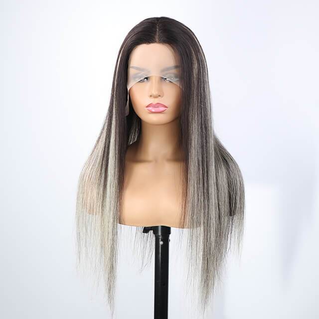 Platinum Blonde Highlights Transparent T Part Lace Frontal Wig Mix Color Wig 180% Density