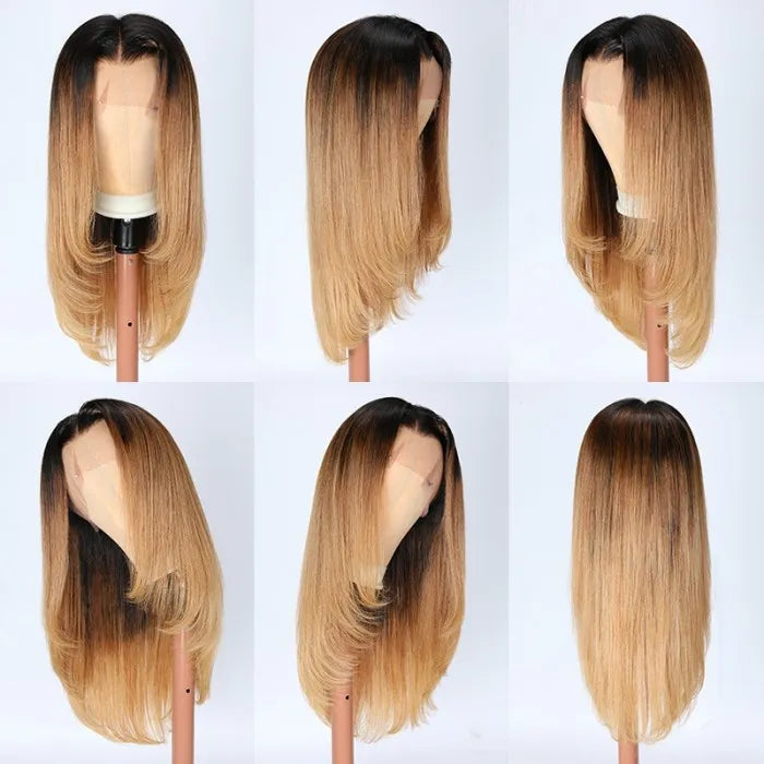 Ombre Honey Blonde Dark Roots Straight Human Hair Layered 13x4 Lace Front Wigs Rose Hair