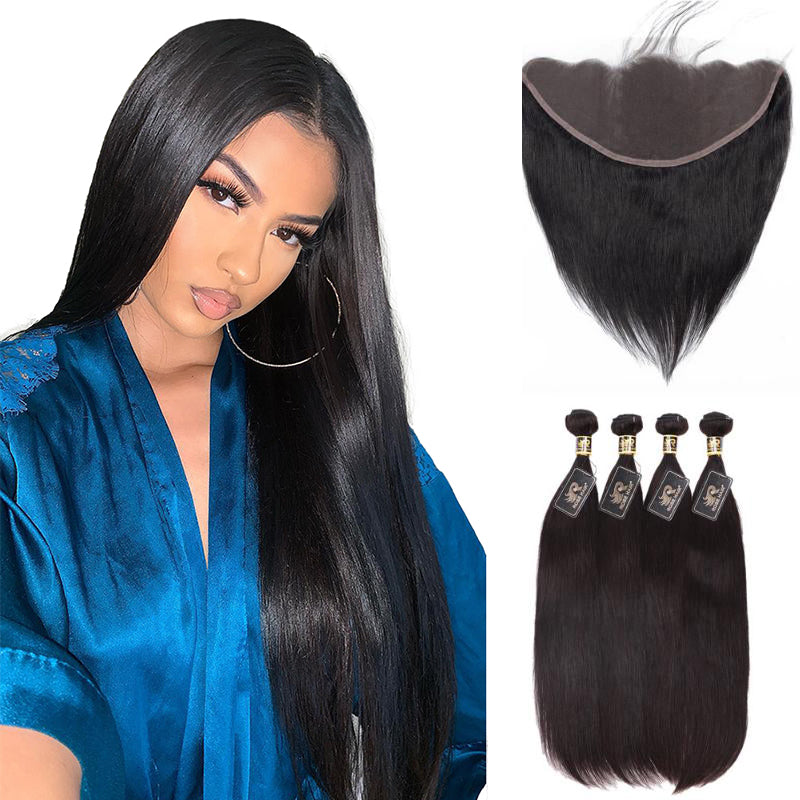 10A Grade Pre Plucked 13x6 Lace Frontal With 4 Bundles Brazilian Virgin Hair Weave Ear to Ear Frontal Straight Human Hair - Rose Hair