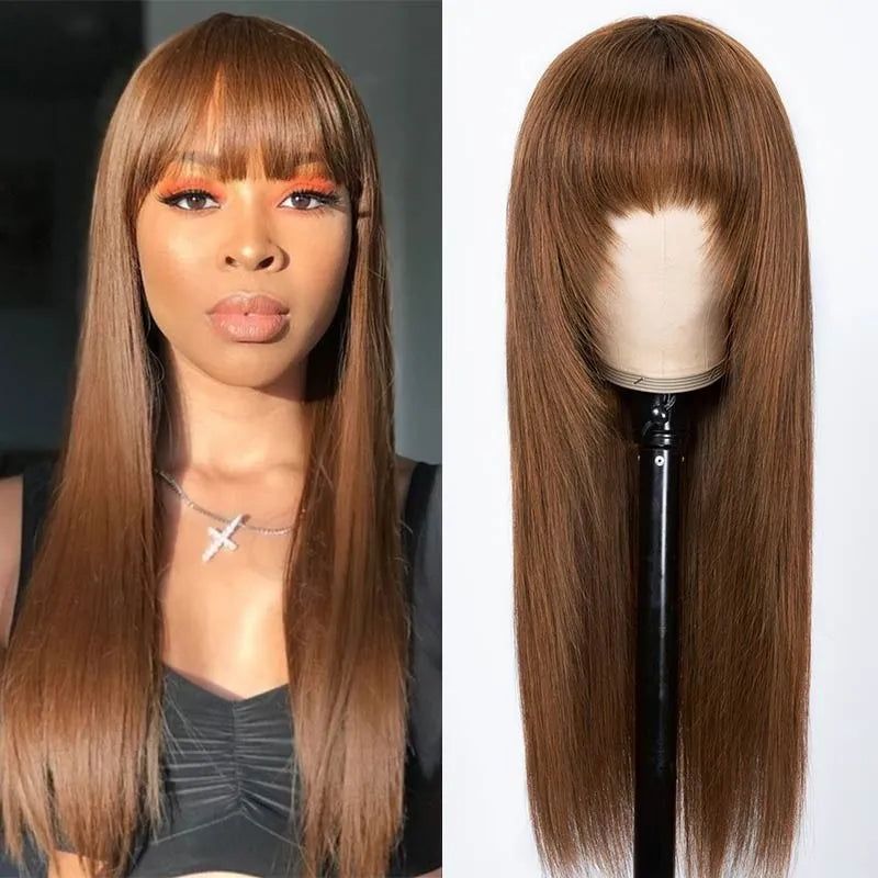 Dark Brown Color Glueless Wigs With Bang Straight Hair Fall Color Wig Series 100% Human Hair