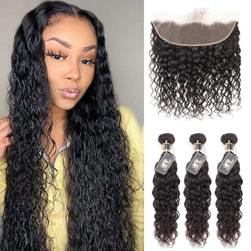 10A Grade Pre Plucked 13x4 Lace Frontal with 3 Bundles Brazilian Virgin Hair Weave Ear to Ear Frontal Water Wave - Rose Hair