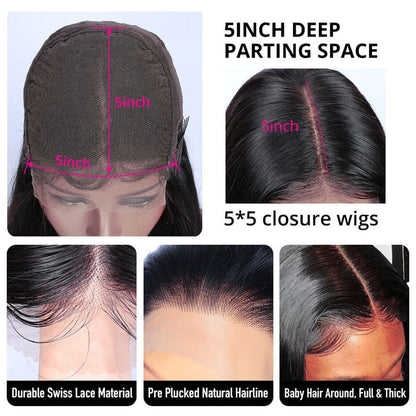 Rose Hair 5*5 HD Lace Closure Wig Loose Wave 100% Human Hair Natural Black For Women