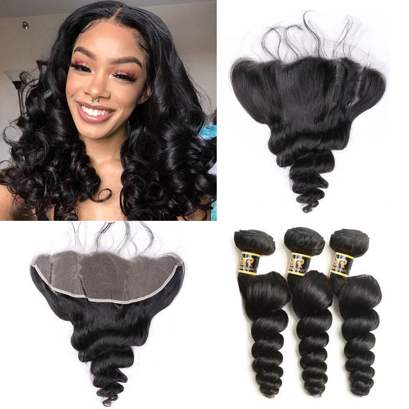 10A Grade Loose Wave Pre Plucked 13x4 Ear to Ear Lace Frontal with 3 Bundles Brazilian Virgin Hair - Rose Hair