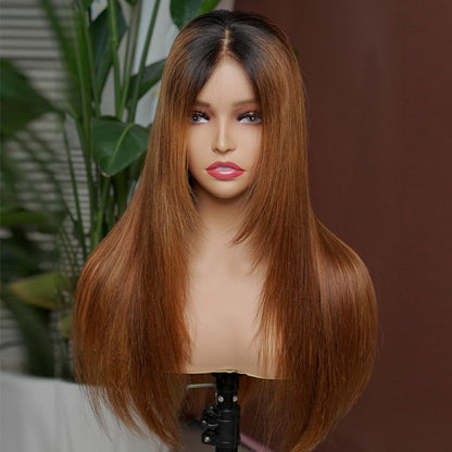 Rose Hair Ombre Hair 1B/28 Brown With Dark Roots Straight Layered Hair Lace Wigs