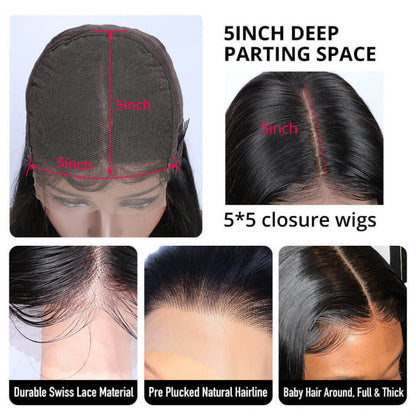 5*5 Lace Closure Wig Body Wave Virgin Human Natural Hair