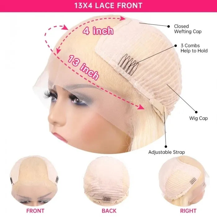 100% Human Virgin Hair Long 613 Blonde Straight 13x4 Lace Frontal Wig 180% Density