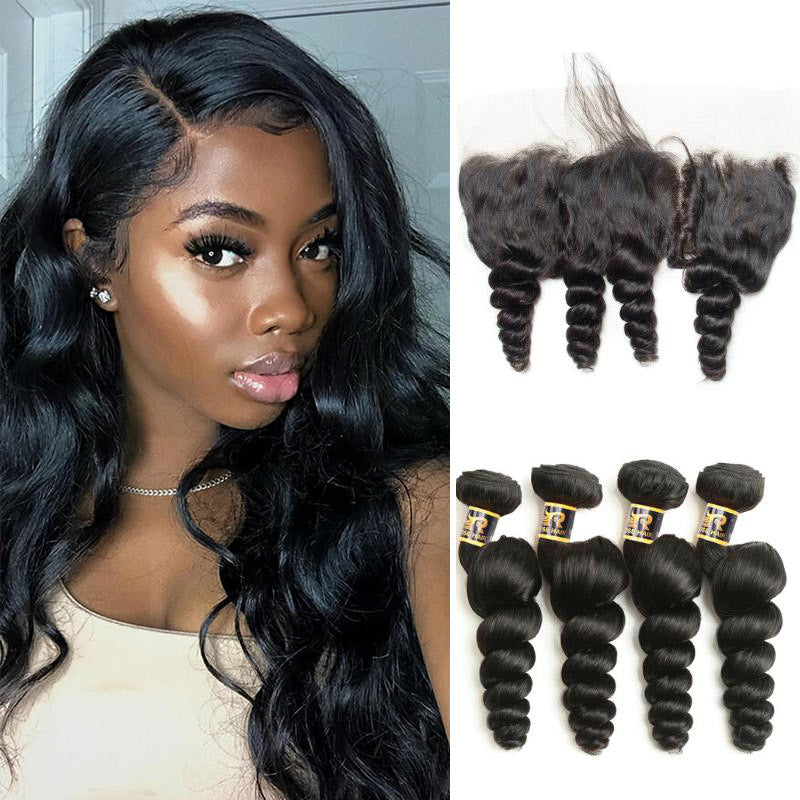 10A Grade Brazilian 4 Bundles Loose Wave Human Virgin Hair With 13x4 Lace Frontal Pre Plucked - Rose Hair