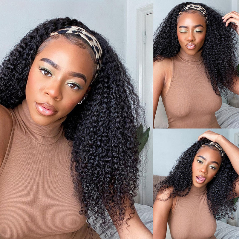 RoseHair Super Fashion Headband Wig Kinky Curly Human Virgin Hair Wig With Free Scarf Natural Color Wig - Rose Hair
