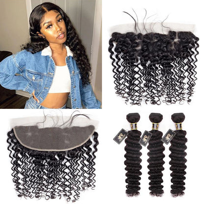 10A Grade Deep Wave Pre Plucked 13x4 Ear to Ear Lace Frontal with 3 Bundles Best Brazilian Virgin Hair - Rose Hair