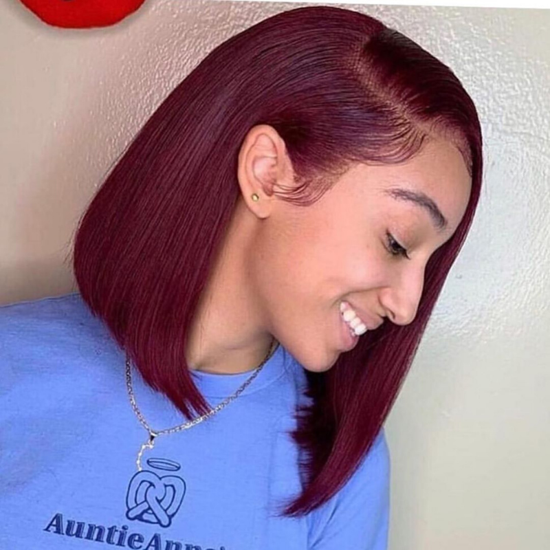RoseHair Human Virgin Hair Burgundy Red Color 13*4 Lace Frontal Bob Wig Side Part - Rose Hair