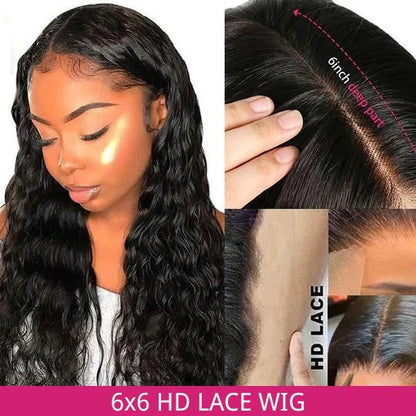Rose Hair Water Wave 6x6 HD Undetectable Swiss Lace Wig Deep Parting Lace Wigs