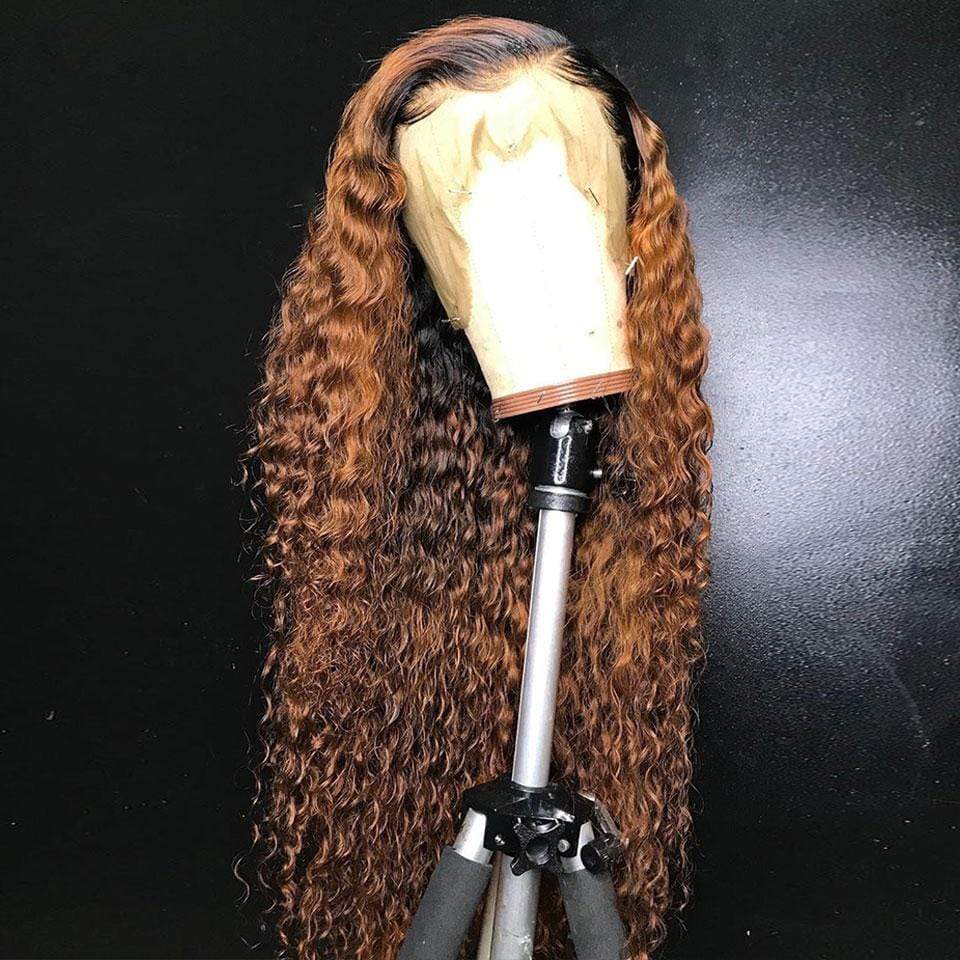 Rose Hair 200%Density Black Roots Ombre Honey Brown Romantic Wave Lace Frontal Lace Wig - Rose Hair