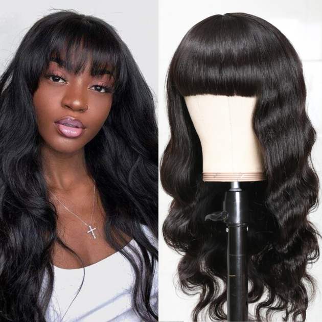 RoseHair 15A Brazilian Body Wave Human Hair Wig With Free Part Bangs Machine Made Glueless Breathable Wig Supper Soft Affordable - Rose Hair