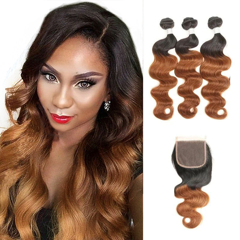 10A Grade 3 Bundles T1B/4/30 Color Brazilian Virgin Hair With 1 PCS Per Plucked 4*4 Lace Closure - Rose Hair