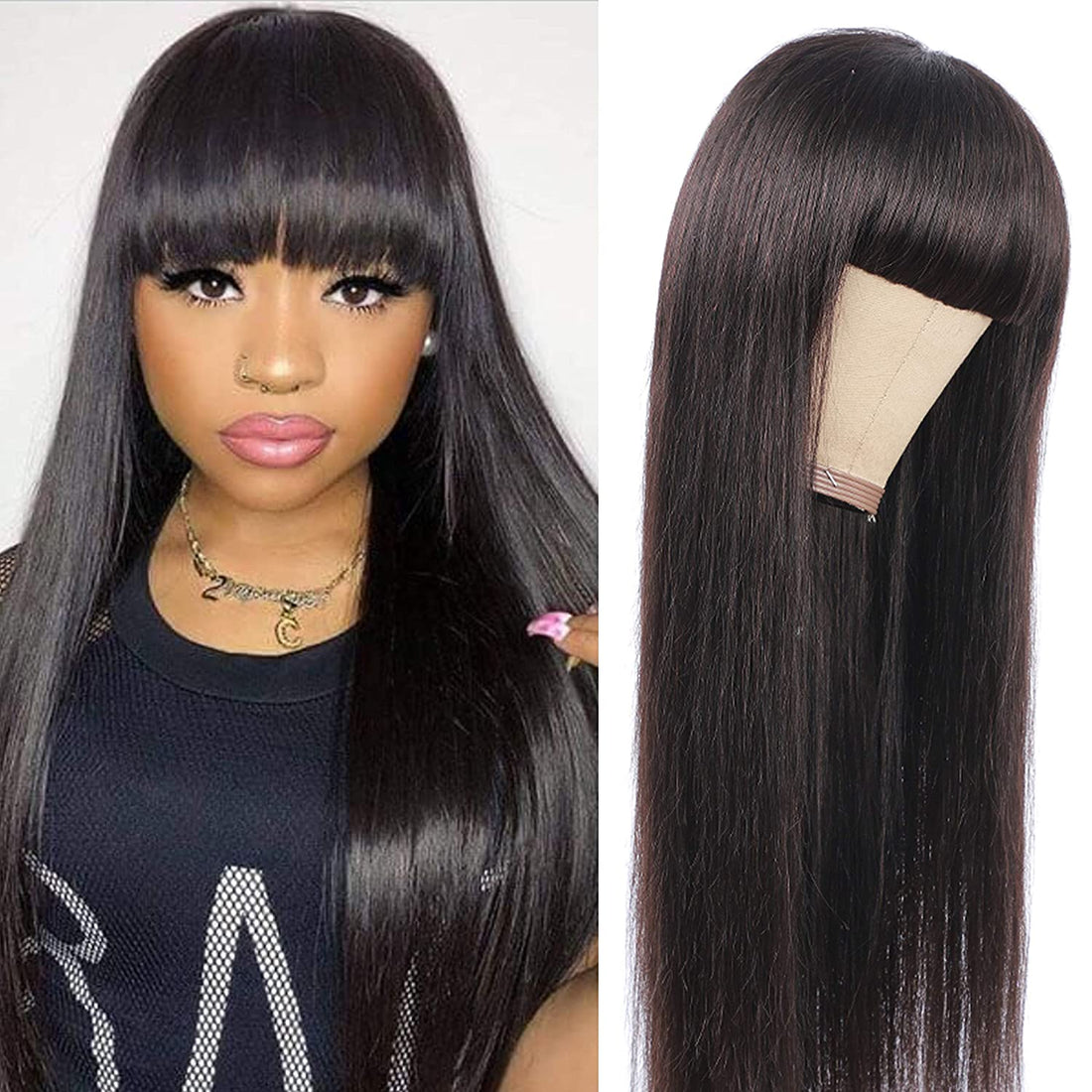RoseHair 15A Brazilian Straight Hair Human Hair Wig With Free Part Bangs Machine Made Glueless Breathable Wig Supper Soft Affordable - Rose Hair