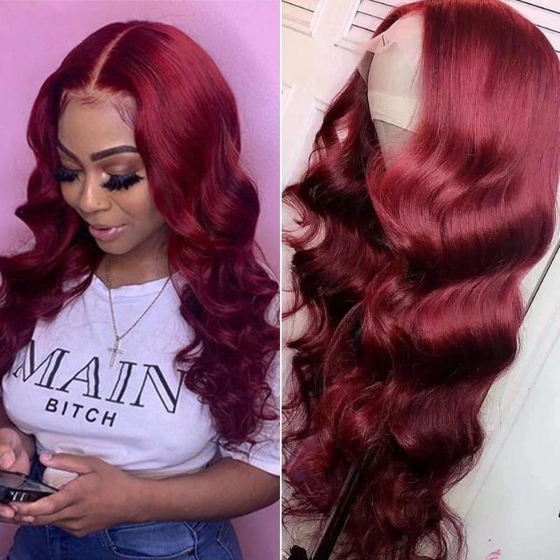 Rose Hair Human Virgin Hair Burgundy Red Color Lace Frontal Wig Body Wave Wig - Rose Hair