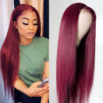 Rose Hair Burgundy Red Color Human Virgin Hair Pre-plucked Lace Frontal Straight Hair Wig - Rose Hair