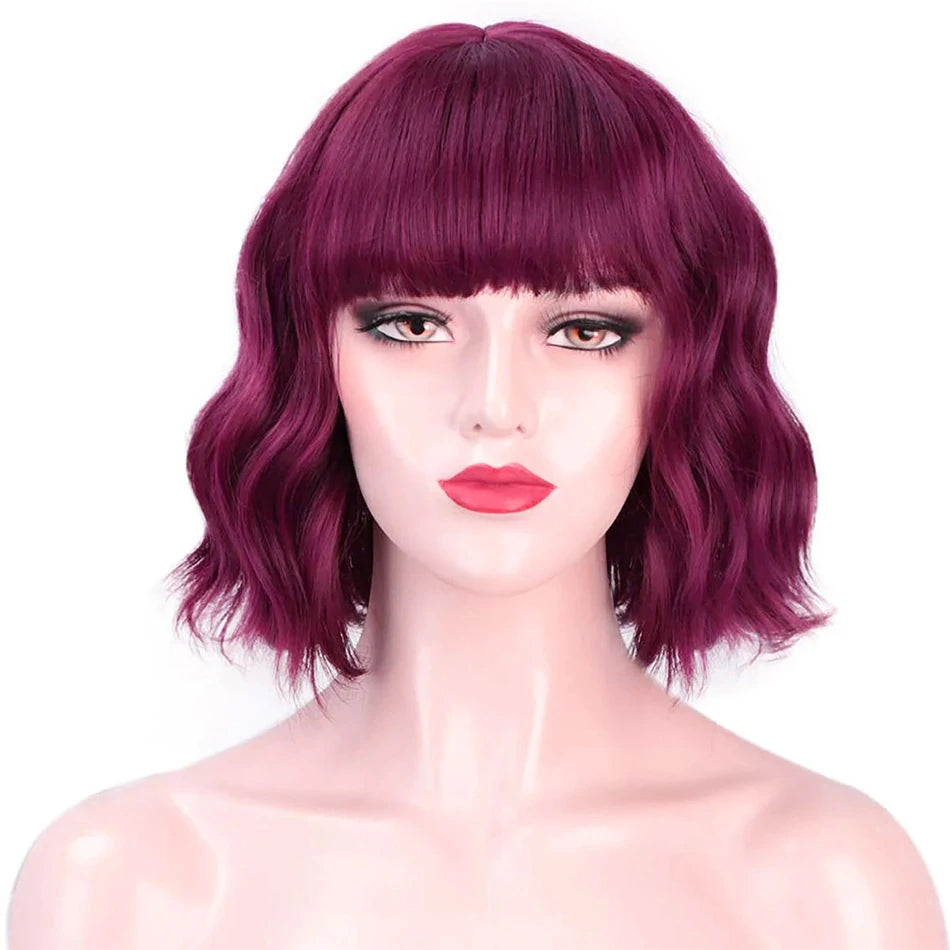 Rose Hair 99J Colored Wigs Loose Deep Wave Machine Made Bob Wig With Bangs